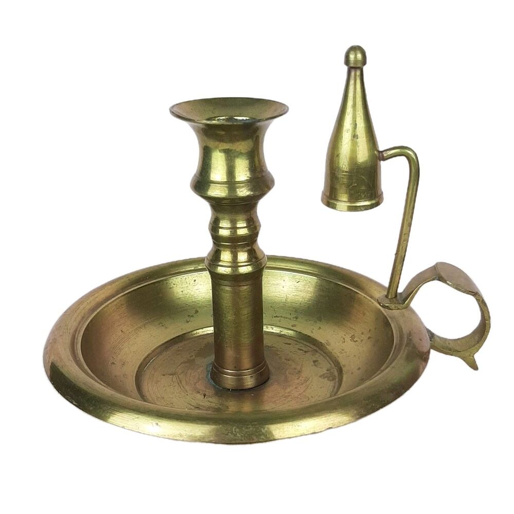 Vintage Brass Chamberstick Candle Holder Finger loop Drip Pan Base And Snuffer